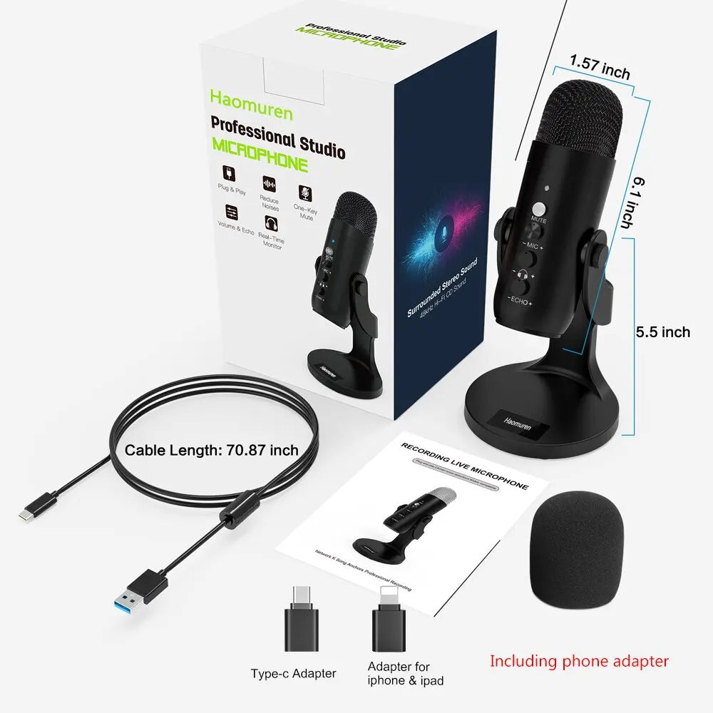 USB Condenser Microphone for Computer + Phone Adapter